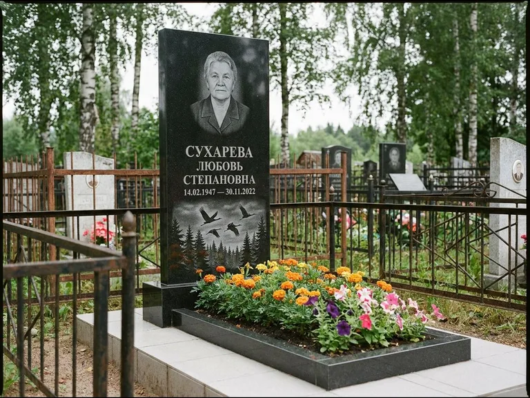 Памятник с гравировкой журавлей — гравировка силуэтов журавлей над еловым лесом, работа «Сухарева» в Магнитогорске