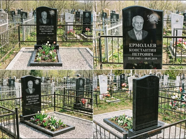 Памятник с гравировкой журавлей — гравировка клина журавлей на фоне солнечного диска, работа «Ермолаев» в Магнитогорске