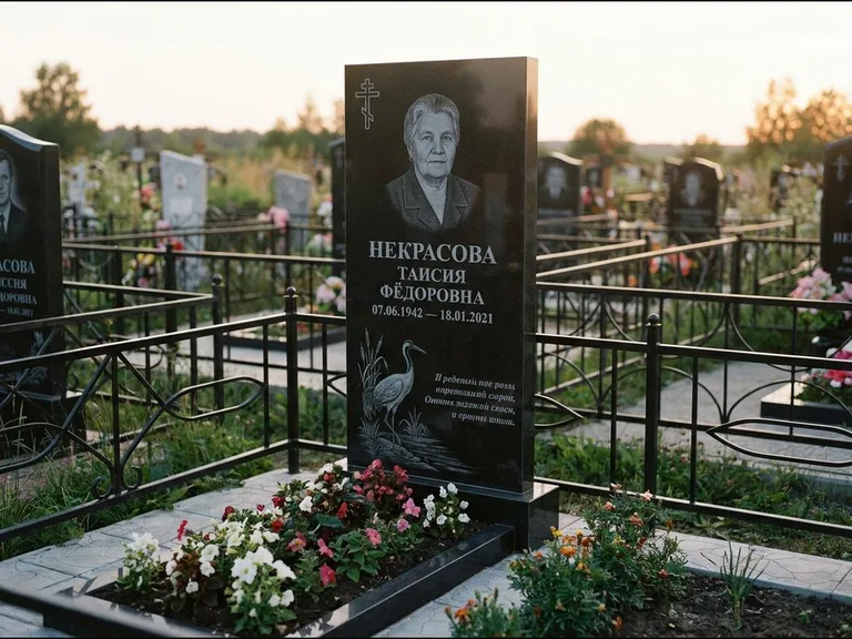 Памятник с гравировкой журавлей — гравировка журавля у камышей рядом с эпитафией, работа «Некрасова» в Магнитогорске
