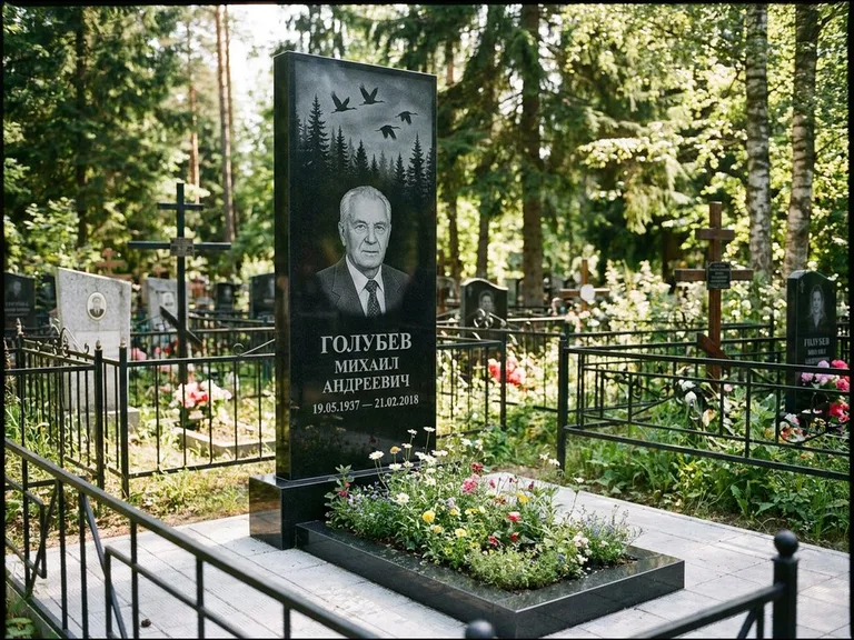 Памятник с гравировкой журавлей — гравировка силуэтов журавлей над еловым лесом, работа «Голубев» в Магнитогорске