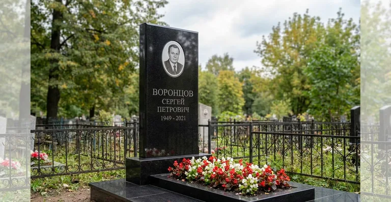 Гранитный памятник с портретом, Пример памятника из гранита, установленного мастерской на кладбище в Самарской области