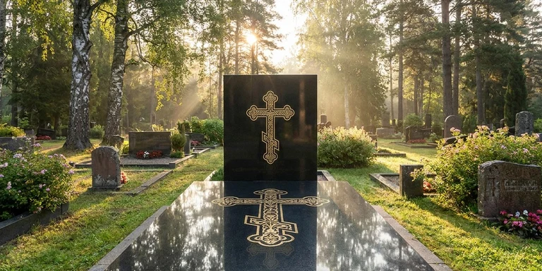 Гравировка креста на памятнике в Магнитогорске — православный восьмиконечный крест на граните