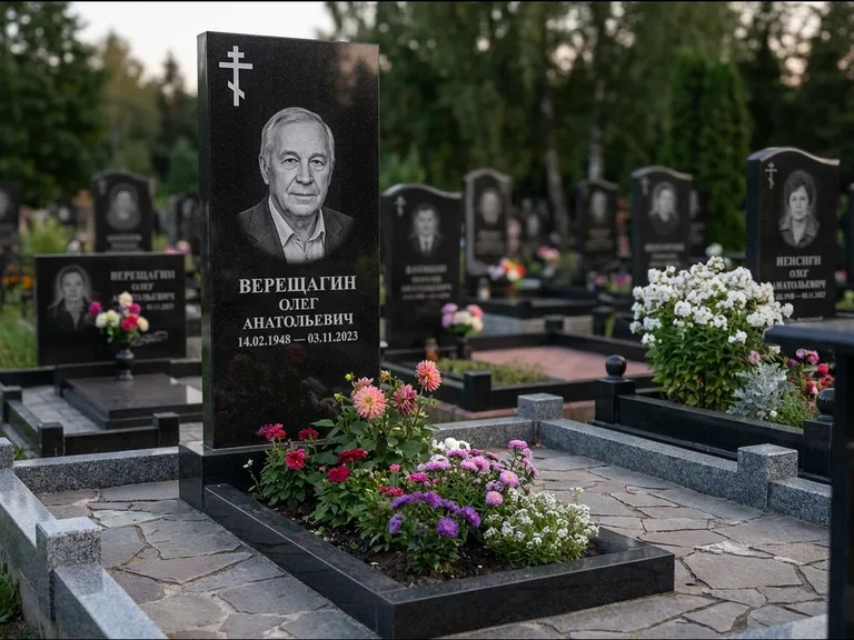 Памятник из чёрного гранита — горизонтальная плита-стела с православным восьмиконечным крестом, работа «Тихонов» в Магнитогорске