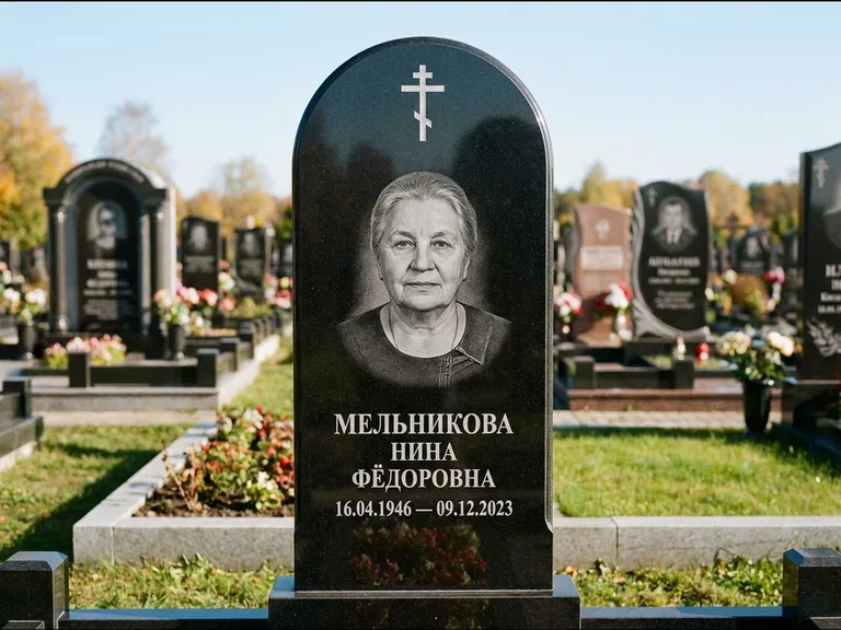 Памятник из чёрного гранита — стела с резным навершием с латинским крестом, работа «Савельева» в Магнитогорске