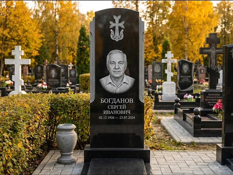Памятник из чёрного гранита — круглая стела-медальон с армянским хачкаром, работа «Ковалёв» в Магнитогорске
