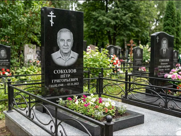 Памятник из чёрного гранита — стела с арочным верхом с православным восьмиконечным крестом, работа «Ковалёв» в Магнитогорске