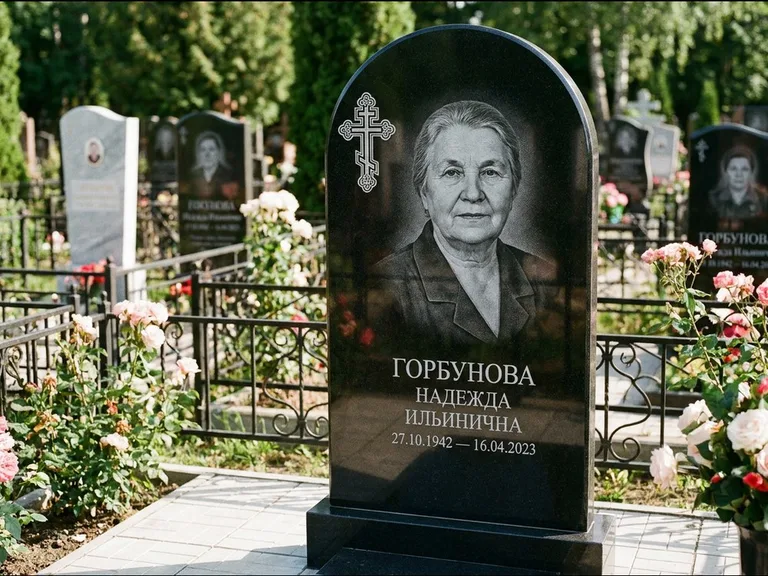 Памятник из чёрного гранита — стела с боковой колонной с крестом в лучах, работа «Мельникова» в Магнитогорске