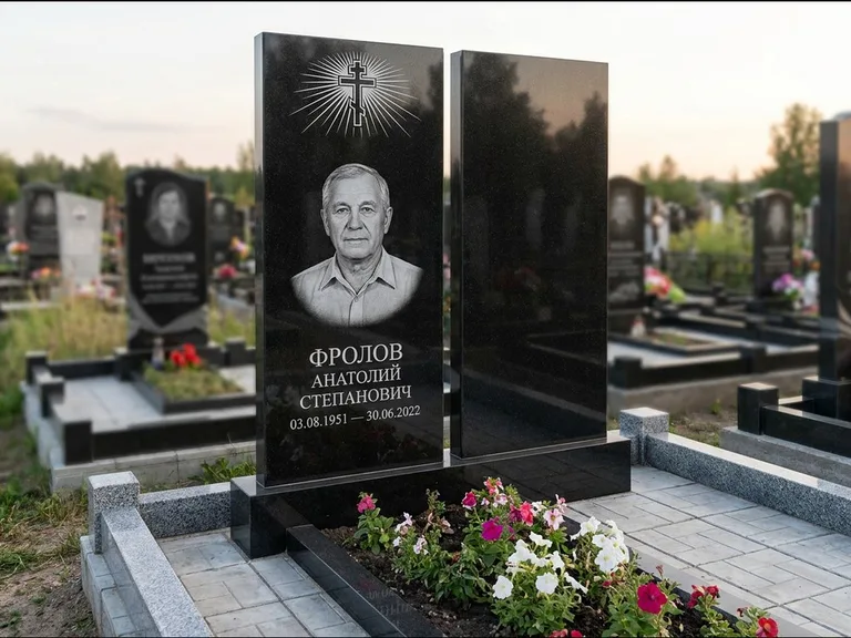 Памятник из чёрного гранита — стела на ступенчатом постаменте с золочёным крестом, работа «Богданов» в Магнитогорске