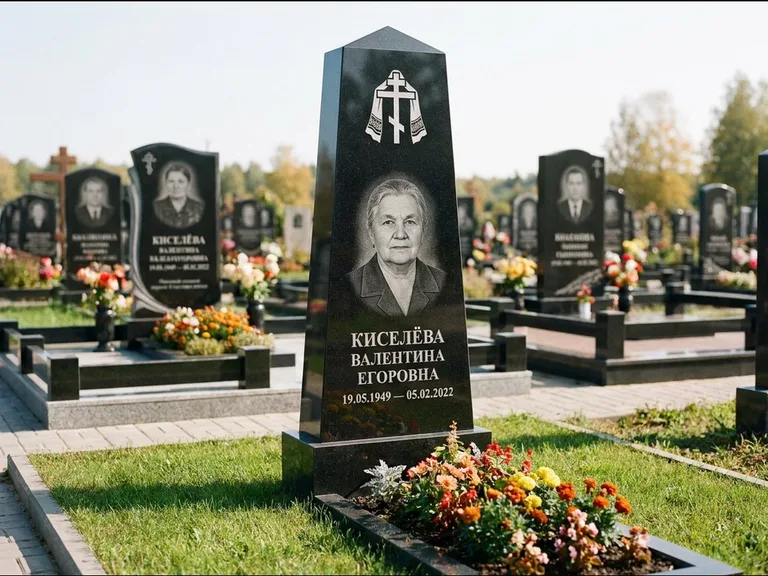 Памятник из чёрного гранита — стела со скошенным верхом с ажурным резным крестом, работа «Селезнёва» в Магнитогорске
