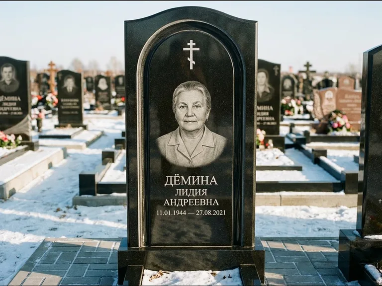 Памятник из чёрного гранита — стела-триптих с крестом с терновым венцом, работа «Ерофеева» в Магнитогорске