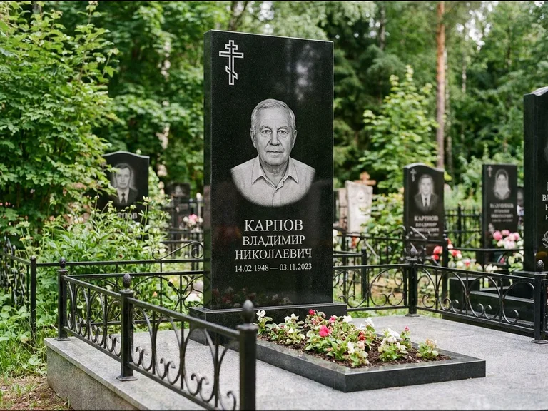 Памятник из чёрного гранита — узкая стела с ажурным крестом с православным восьмиконечным крестом, работа «Гущин» в Магнитогорске