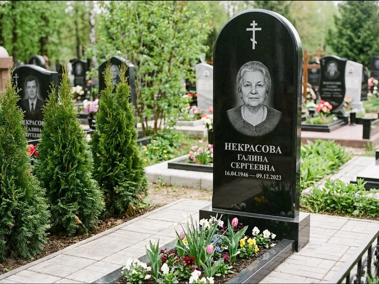 Памятник из чёрного гранита — стела с цветником-плитой с латинским крестом, работа «Лаврентьева» в Магнитогорске