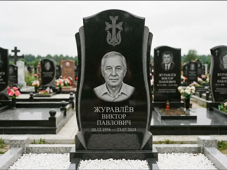 Памятник из чёрного гранита — панорамная стела с армянским хачкаром, работа «Тихонов» в Магнитогорске
