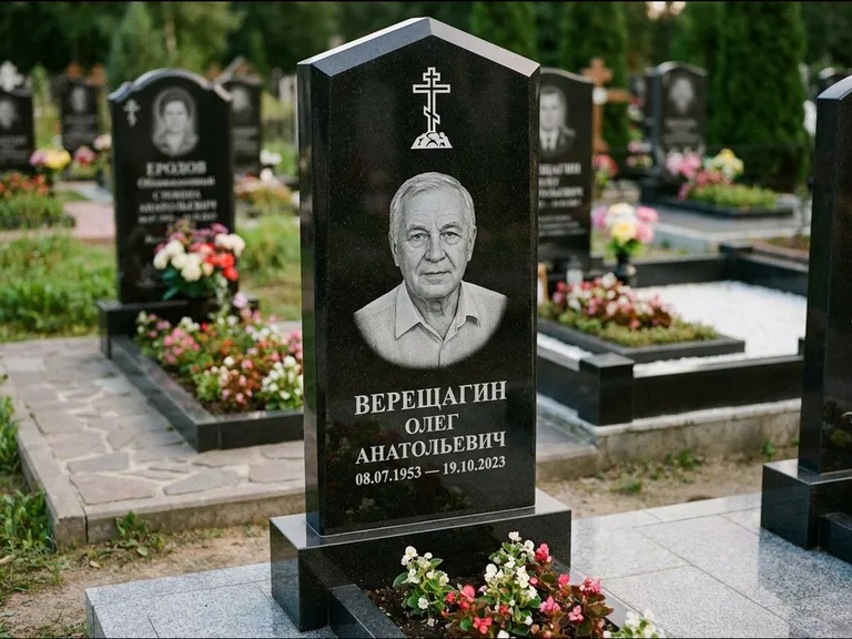 Памятник из чёрного гранита — обелиск-колонна с крестом на Голгофе, работа «Ковалёв» в Магнитогорске