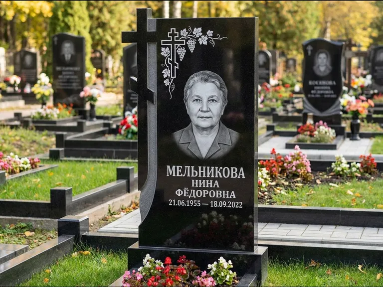 Памятник из чёрного гранита — стела с резной рамкой с крестом с распятием, работа «Некрасова» в Магнитогорске