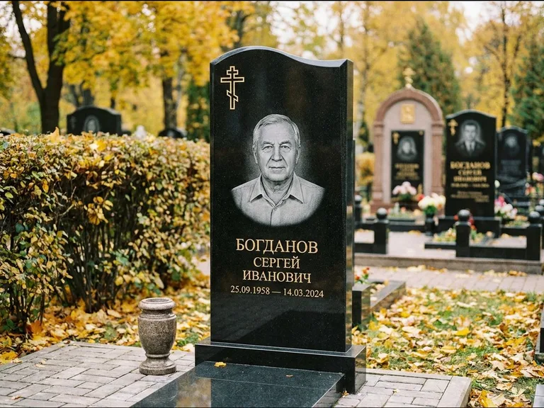 Памятник из чёрного гранита — стела с цветником с процветшим крестом с виноградной лозой, работа «Журавлёв» в Магнитогорске