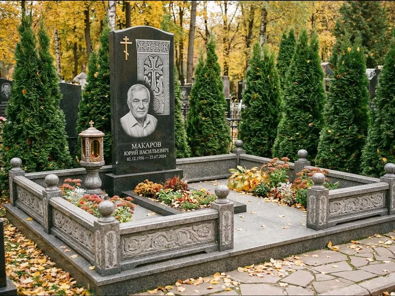 Памятник из чёрного гранита — стела с крестом и лампадой с армянским хачкаром, работа «Гущин» в Магнитогорске