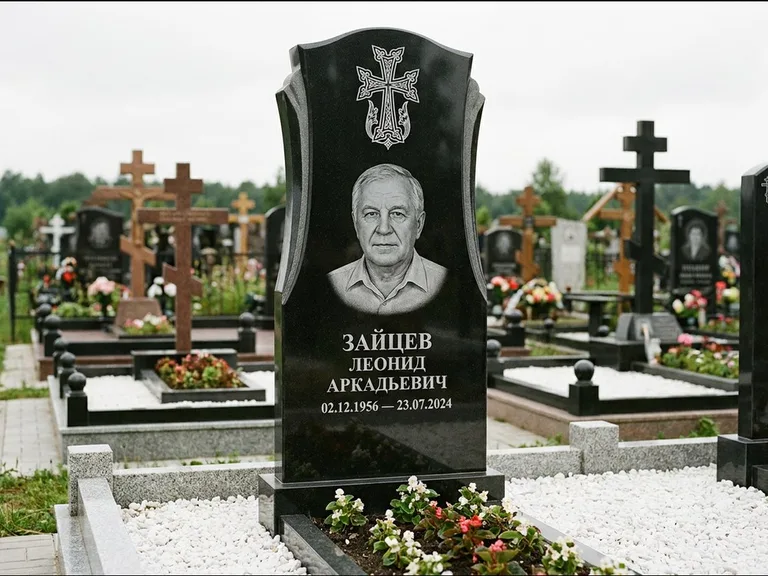 Памятник из чёрного гранита — семейная стела на двоих с армянским хачкаром, работа «Журавлёв» в Магнитогорске