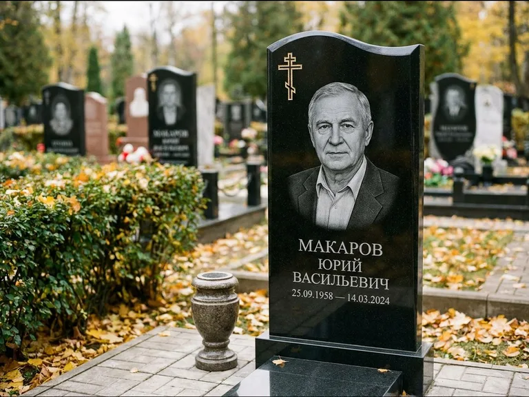 Памятник из чёрного гранита — фигурная стела с киот-нишей с процветшим крестом с виноградной лозой, работа «Богданов» в Магнитогорске
