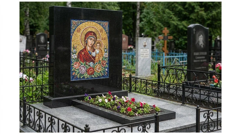 Мозаика на памятник в Магнитогорске — цветное панно из смальты на чёрной гранитной стеле