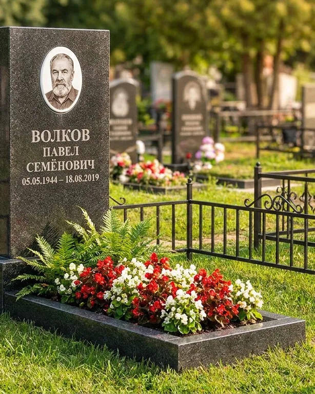 Тёмно-серый памятник под ключ с художественной гравировкой в Магнитогорске