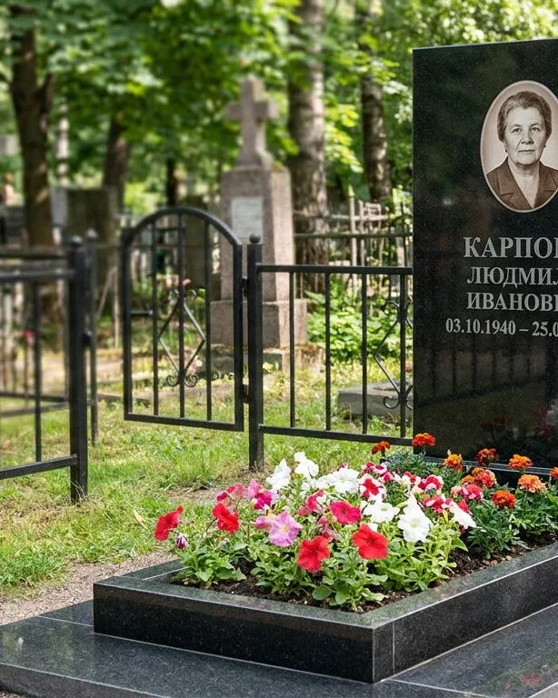Памятник под ключ с низкой оградой и цветником в Магнитогорске