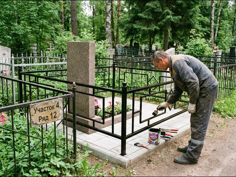 Покраска оградки на кладбище в Магнитогорске — мастер красит металлическую ограду на могиле чёрной эмалью