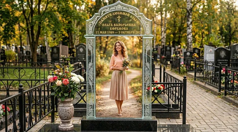 Портрет на стекле в форме арки на памятнике в Магнитогорске