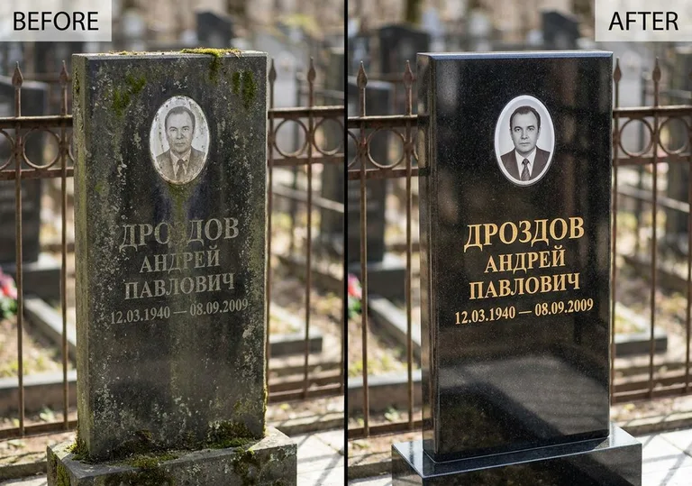 Чистка и полировка гранитного памятника: до и после в Магнитогорске