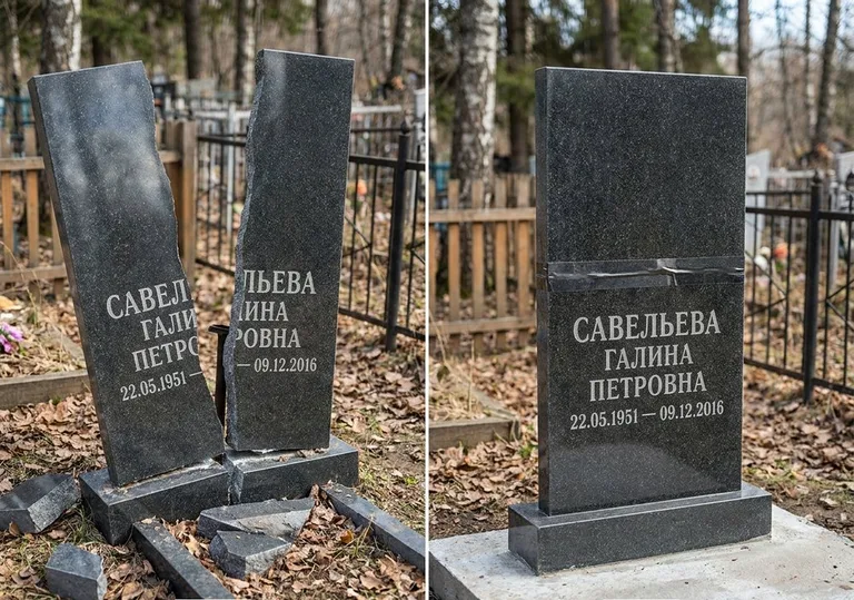 Склейка расколотого гранитного памятника: до и после в Магнитогорске