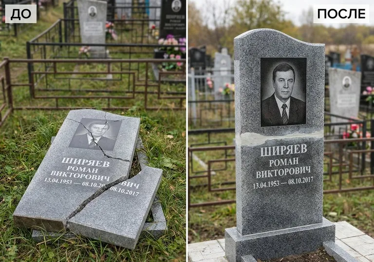 Обновление золочёных букв на граните: до и после в Магнитогорске