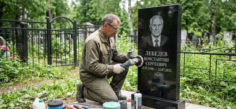 Реставрация памятника в Магнитогорске — восстановление гранита, заделка трещин и обновление надписей на кладбище