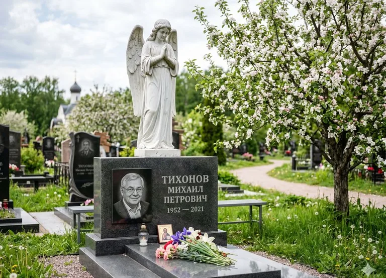 Мраморный молящийся ангел на гранитном памятнике весной в Магнитогорске