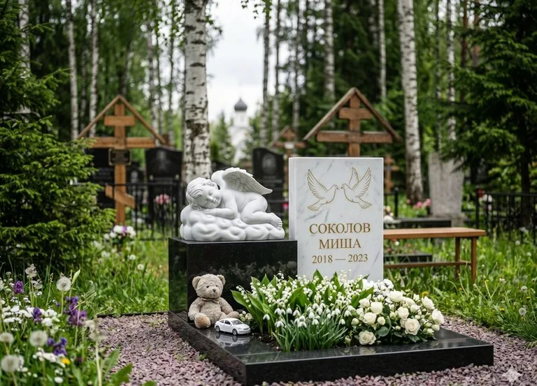 Белый ангелочек на детском памятнике в Магнитогорске