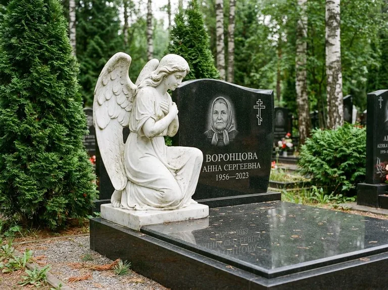 Белый мраморный ангел на гранитном памятнике в Магнитогорске