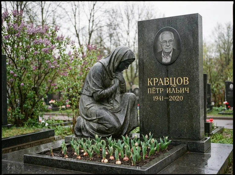 Гранитная скорбящая фигура у стелы на кладбище в Магнитогорске