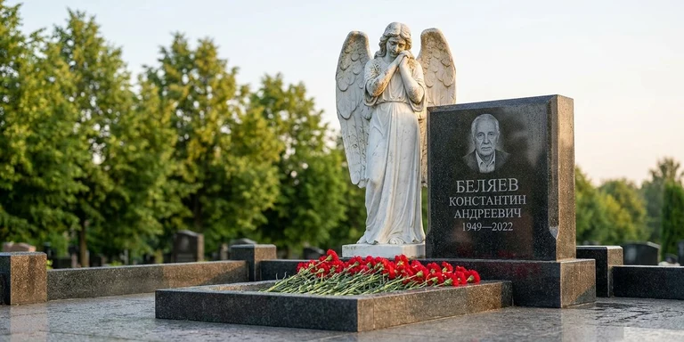 Скульптура на памятник в Магнитогорске — мраморный ангел на гранитном мемориале
