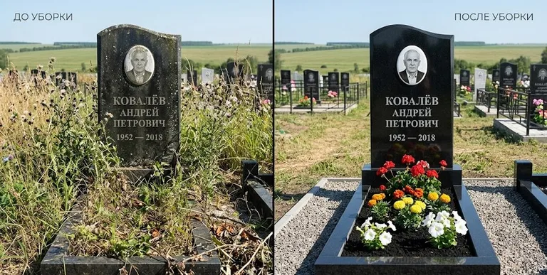 Уборка могилы до и после — ухоженный участок в Магнитогорске