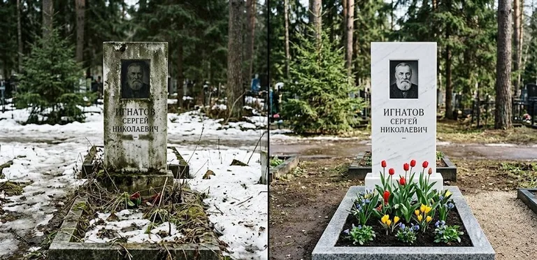 Диптих №6: высадка хризантем у подножия серого гранита — до и после уборки в Магнитогорске