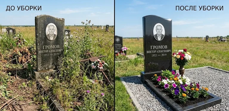 Уборка участка с обелиском до и после в Магнитогорске