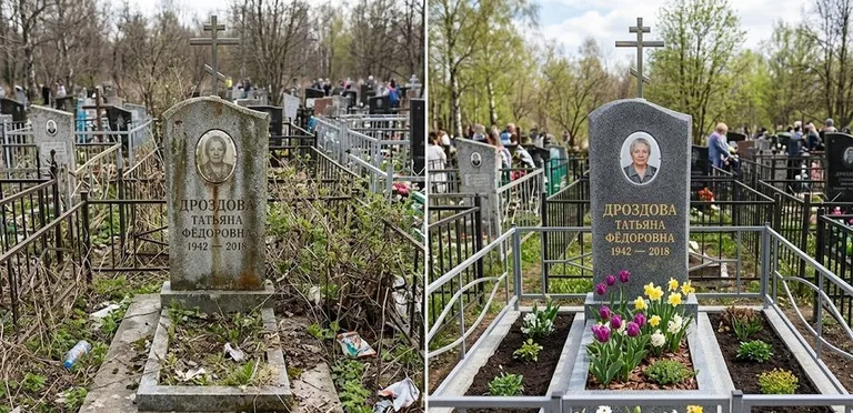 Диптих №4: свежепокрашенная серебром оградка и отмытый красный гранит — до и после в Магнитогорске