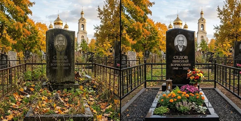 Уборка могилы до и после осенью — у церкви в Магнитогорске