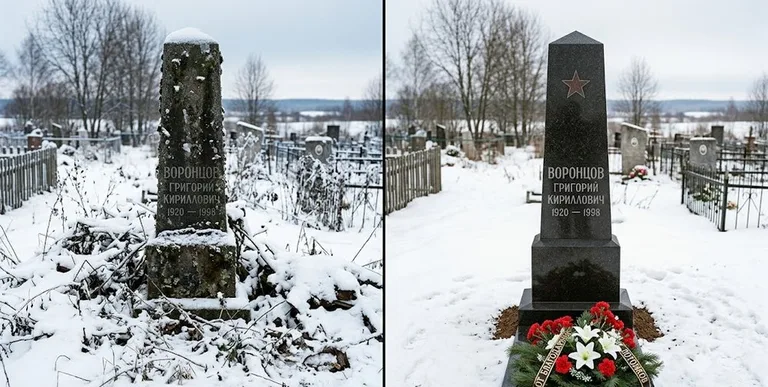 Уборка могилы до и после зимой — воинский обелиск в Магнитогорске