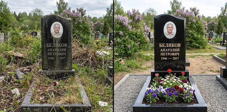 Уборка могилы до и после весной — цветущая сирень в Магнитогорске
