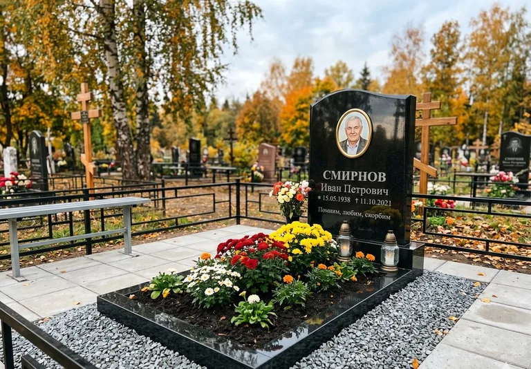 Ухоженная могила после уборки и мойки памятника в Магнитогорске