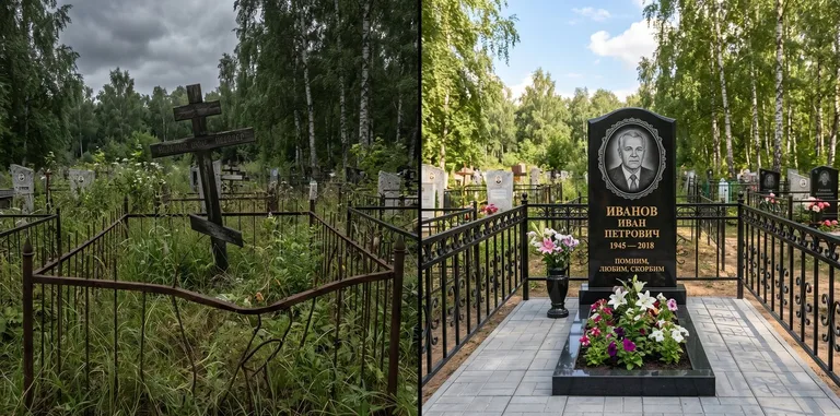 Благоустройство могилы до и после установки памятника в Магнитогорске