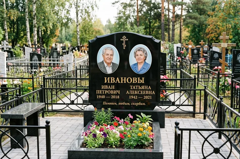Установленный гранитный памятник с цветником и благоустройством в Магнитогорске
