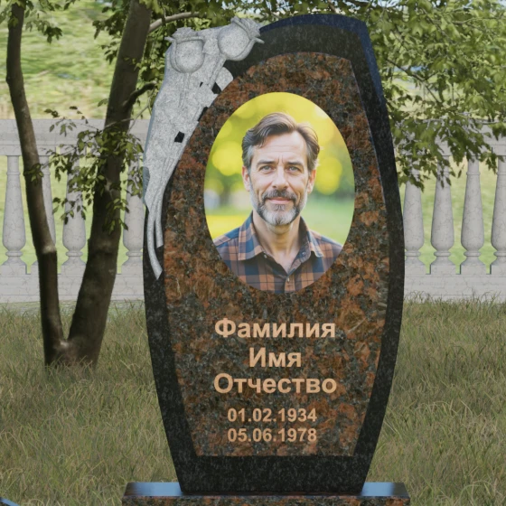 Мемориал с резьбой розы и асимметричной стелой, гранит Дымовский