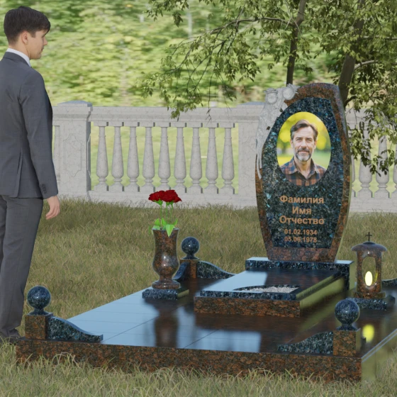 Мемориал с резьбой розы и асимметричной стелой, гранит Блю Перл, вид 4