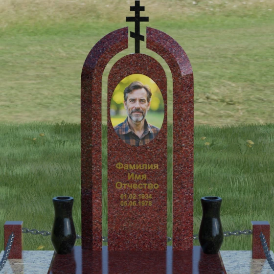 Памятник из гранита с тройной аркой и крестом, гранит Лезниковский